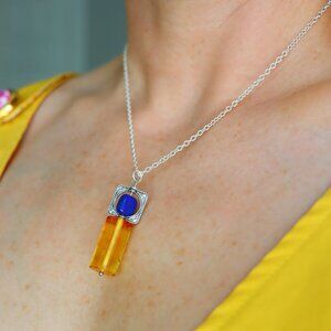 Handmade Amber & Lapis Lazuli Pendant Necklace – 16” Silver Chain
